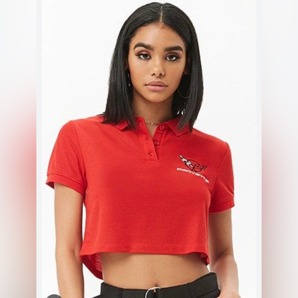 NEW Corvette Red Cropped Women's Polo With Corvette Flag - Size Small